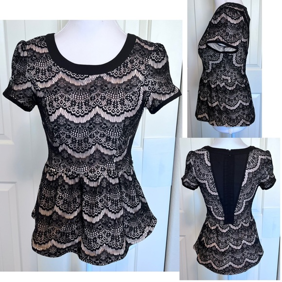 Skies Are Blue Tops - Skies Are Blue Black & Cream Lace Peplum Top Sz Small